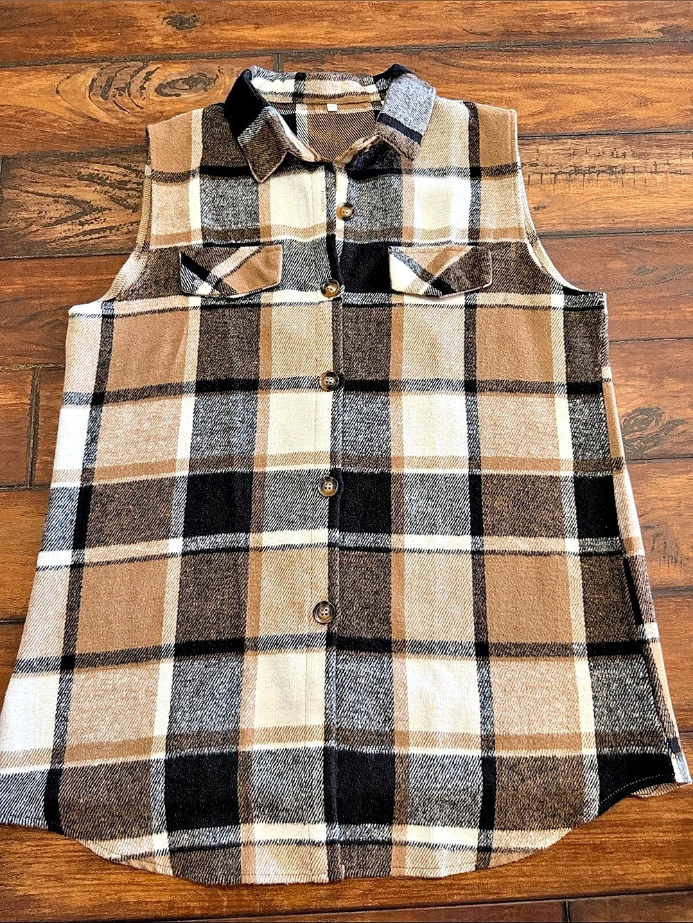 Plaid NWOT Soft Brushed Sleeveless Button Down Vest in Camel, Cream, & Black
